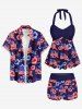 Patriotic American Flag Hibiscus Flower Print Halter Boyleg Tankini Swimsuit -  