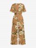 Combinaison hawaïenne à imprimé fleurs et feuilles, col en V et jambes larges - Brun Légère S