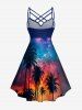 Plus Size Coconut Tree Ombre Galaxy Print Hawaii Ruched Crisscross Strappy A Line Cami Dress - Bleu profond L