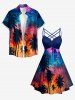 Plus Size Coconut Tree Ombre Galaxy Print Hawaii Ruched Crisscross Strappy A Line Cami Dress - Bleu profond L
