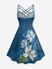 Plus Size Flower Print Hawaii Ruched Crisscross Strappy A Line Cami Dress - Paon Bleu L