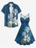 Plus Size Flower Print Hawaii Ruched Crisscross Strappy A Line Cami Dress - Paon Bleu L