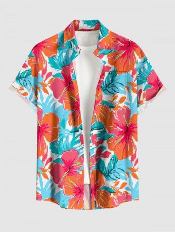 Plus Size Hibiscus Flower Tropical Leaf Print Buttons Pocket Hawaii Shirt For Men - RED - 6XL