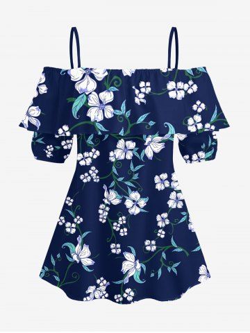 Plus Size Flower Leaf Print Cold Shoulder Ruffles Cover Hawaii Blouse - DEEP BLUE - 2XL