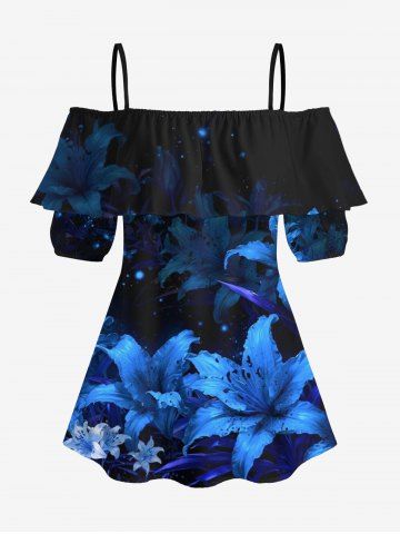 Plus Size Lily Flower Galaxy Print Cold Shoulder Ruffles Cover Hawaii Blouse - BLUE - 2XL
