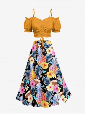 Solid Cinched Top and Tropical Leaf Hibiscus Flower Pineapple Coconut Print Hawaii Split A Line Skirt Plus Size Matching Set - YELLOW