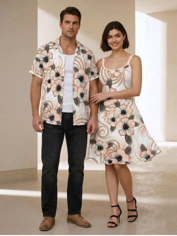 Ensemble de plage hawaïen assorti grande taille à imprimé floral et feuilles pour couples