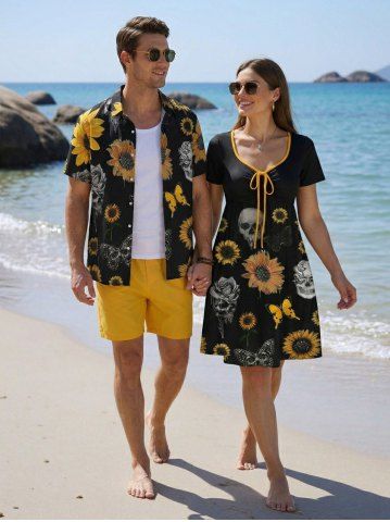 Skull Sunflower Butterfly Print Plus Size Matching Hawaii Beach Outfit For Couples