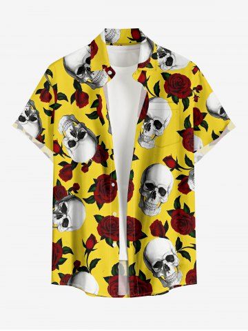Plus Size Skull Rose Flower Print Hawaii Button Pocket Shirt For Men - YELLOW - 6XL