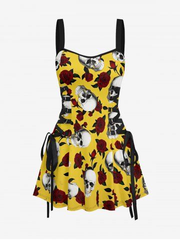 Skull Rose Flower Print Hawaii Lace Up A Line Dress - YELLOW - XXL