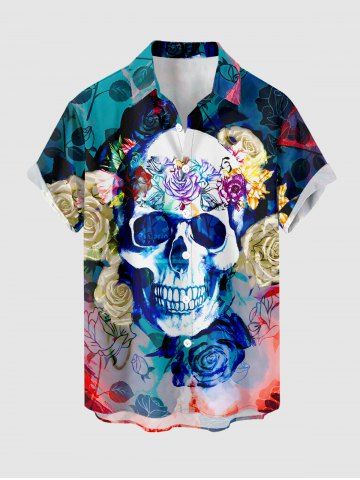 Chemise hawaïenne grande taille pour homme, à imprimé de fleurs de crâne et de rose, boutons et poche. - BLUE - M