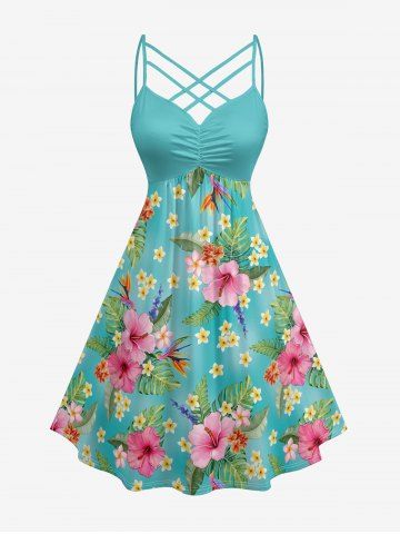Robe hawaïenne grande taille à imprimé floral d'hibiscus et feuilles tropicales, bretelles croisées et froncées. - DARK TURQUOISE - M