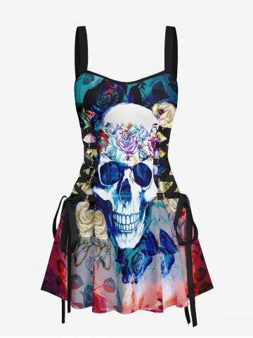 Robe débardeur hawaïenne à lacets et imprimé de roses et de crânes - BLUE - M