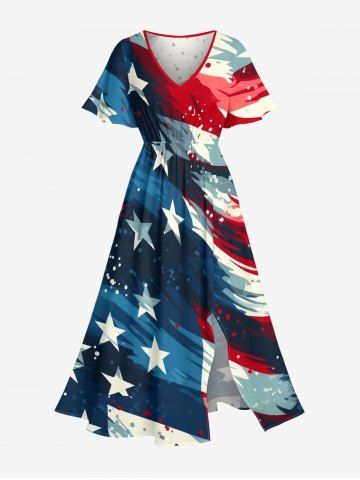 Plus Size Patriotic American Flag Print Split Pocket A Line Midi Dress - BLUE - 5X