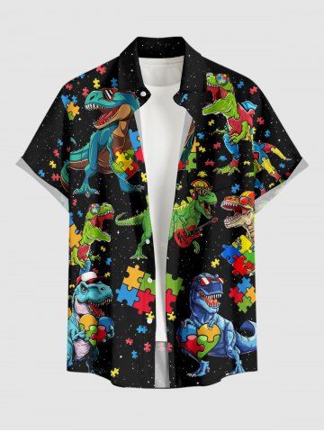 Plus Size Dinosaur Jigsaw Puzzle Print Hawaii Button Pocket Shirt For Men - BLACK - 3XL