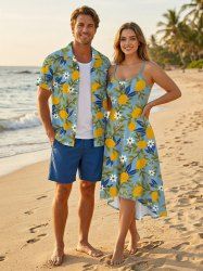 Ensemble de plage hawaïen assorti grande taille à imprimé de feuilles de citronnier pour couples - Paon Bleu 