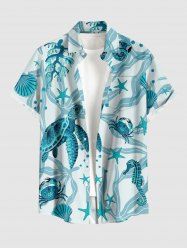 Chemise hawaïenne grande taille pour homme, imprimée tortue, étoile de mer, coquillage, crabe et hippocampe, avec boutons et poche. - Paon Bleu 2XL
