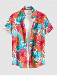 Plus Size Hibiscus Flower Tropical Leaf Print Buttons Pocket Hawaii Shirt For Men -  