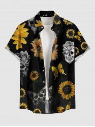 Chemise hawaïenne grande taille pour homme, à imprimé tête de mort, tournesol et papillon, boutons et poche. - Noir S