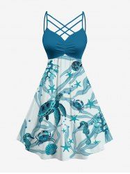 Plus Size Turtle Starfish Shell Crab Sea Horse Print Ruched Lattice Crisscross Straps Hawaii Dress - Paon Bleu S