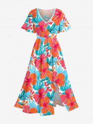 Robe midi hawaïenne fendue à imprimé feuilles tropicales et fleurs d'hibiscus (grande taille) - Rouge 4X