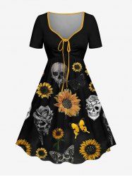 Plus Size Skull Sunflower Butterfly Print Cinched Hawaii Dress - Noir XXS