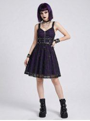 Gothic Skull Fishnet Overlay PU Strap O-Ring Grommet Zipper Layered A Line Dress -  