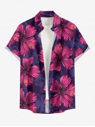 Hibiscus Flower Leaf Print Buttons Pocket Hawaii Shirt For Men -  