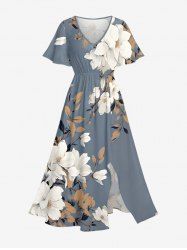 Flowers Leaf Print Split Hawaii Midi Dress -  