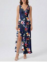 Flowers Print Hawaii Ruffles Split Surplice Dress -  
