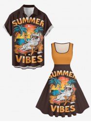 Coconut Tree Cat Seascape Letter Print Matching Hawaii Beach Outfit For Couples -  