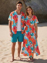 Ensemble de plage hawaïen assorti pour couples, imprimé feuilles tropicales et fleurs d'hibiscus, grandes tailles - Rouge 