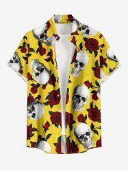 Chemise hawaïenne à imprimé de fleurs et de crânes, grande taille, avec poche boutonnée, pour hommes - Jaune 2XL