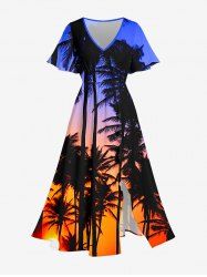 Robe midi trapèze grande taille à imprimé hawaïen ombré ciel crépusculaire et cocotiers, poche fendue - Bleu Marine 1X