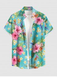 Chemise hawaïenne grande taille pour homme, à imprimé floral tropical et feuilles d'hibiscus, boutons et poche. - Turquoise Foncée 4XL