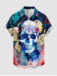 Plus Size Skull Rose Flower Print Buttons Pocket Hawaii Shirt For Men -  