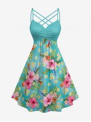 Robe hawaïenne grande taille à imprimé floral d'hibiscus et feuilles tropicales, bretelles croisées et froncées. - Turquoise Foncée S