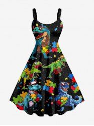 Dinosaur Jigsaw Puzzle Print Hawaii A Line Dress - Noir 6X
