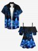 Blouse hawaïenne à imprimé galaxie et lys grande taille, épaules dénudées et volants, style hawaïen - Bleu 2XL