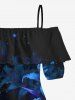 Blouse hawaïenne à imprimé galaxie et lys grande taille, épaules dénudées et volants, style hawaïen - Bleu 2XL