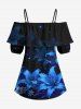 Blouse hawaïenne à imprimé galaxie et lys grande taille, épaules dénudées et volants, style hawaïen - Bleu 2XL