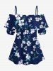 Blouse hawaïenne grande taille à imprimé floral et feuilles, épaules dénudées et volants, style hawaïen - Bleu profond 2XL