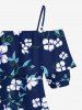 Blouse hawaïenne grande taille à imprimé floral et feuilles, épaules dénudées et volants, style hawaïen - Bleu profond 2XL