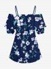 Blouse hawaïenne grande taille à imprimé floral et feuilles, épaules dénudées et volants, style hawaïen - Bleu profond 2XL