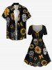 Plus Size Skull Sunflower Butterfly Print Cinched Hawaii Dress - Noir XXS