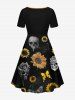 Plus Size Skull Sunflower Butterfly Print Cinched Hawaii Dress - Noir XXS
