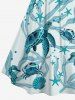 Plus Size Turtle Starfish Shell Crab Sea Horse Print Ruched Lattice Crisscross Straps Hawaii Dress - Paon Bleu S