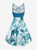 Plus Size Turtle Starfish Shell Crab Sea Horse Print Ruched Lattice Crisscross Straps Hawaii Dress - Paon Bleu S
