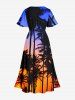 Robe midi trapèze grande taille à imprimé hawaïen ombré ciel crépusculaire et cocotiers, poche fendue - Bleu Marine 1X