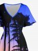 Robe midi trapèze grande taille à imprimé hawaïen ombré ciel crépusculaire et cocotiers, poches fendues - Bleu Marine 4X